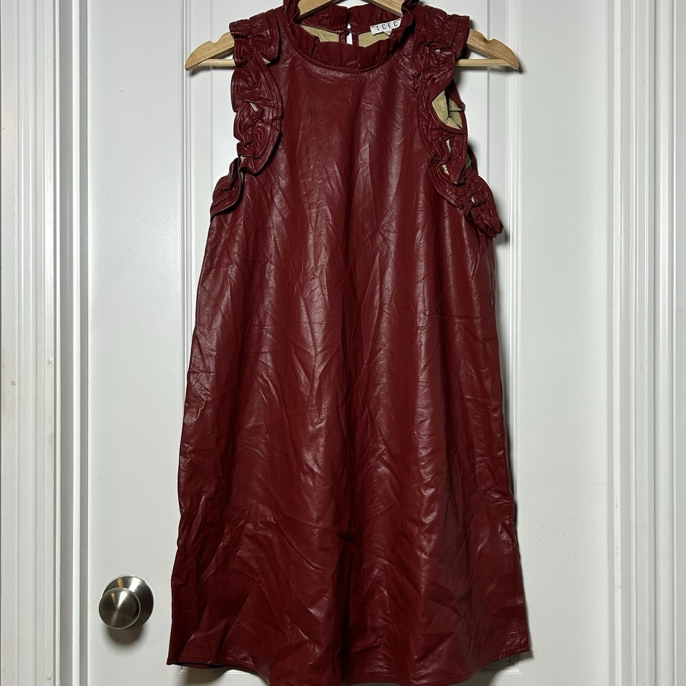 TCEC Burgundy Faux Leather Ruffle Shoulder A-Line Mini Dress Cherry Girl Style